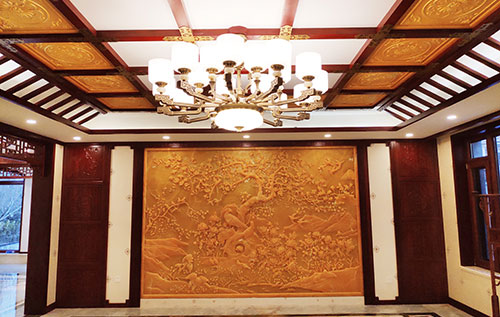 邕宁中式别墅客厅中式木作横梁吊顶装饰展示