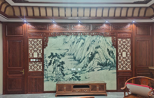 邕宁中式仿古别墅客厅背景墙花格木作装饰